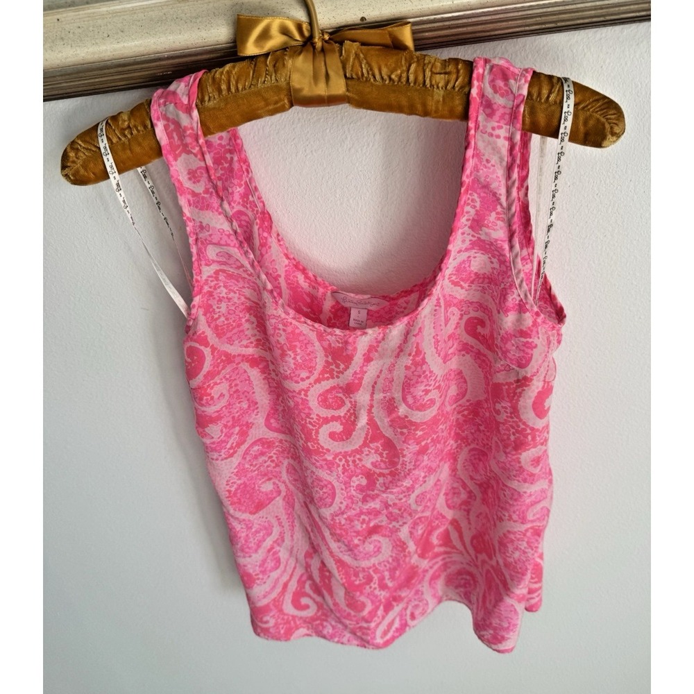 Lilly Pulitzer Cosmos Pink Pout Printed 100% Silk Sleeveless Tank Top Sz S - Picture 2 of 7